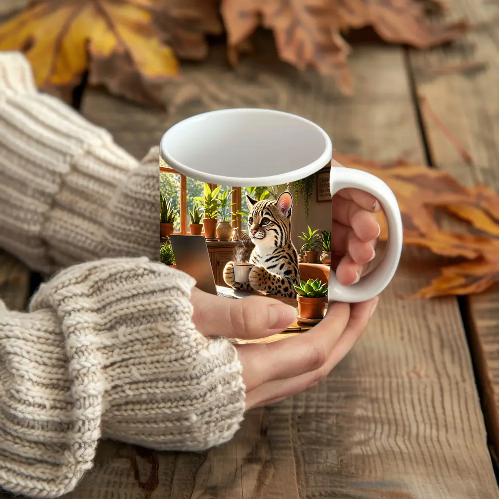 Ocelot Drinking Coffee at Laptop Desk – Mugs