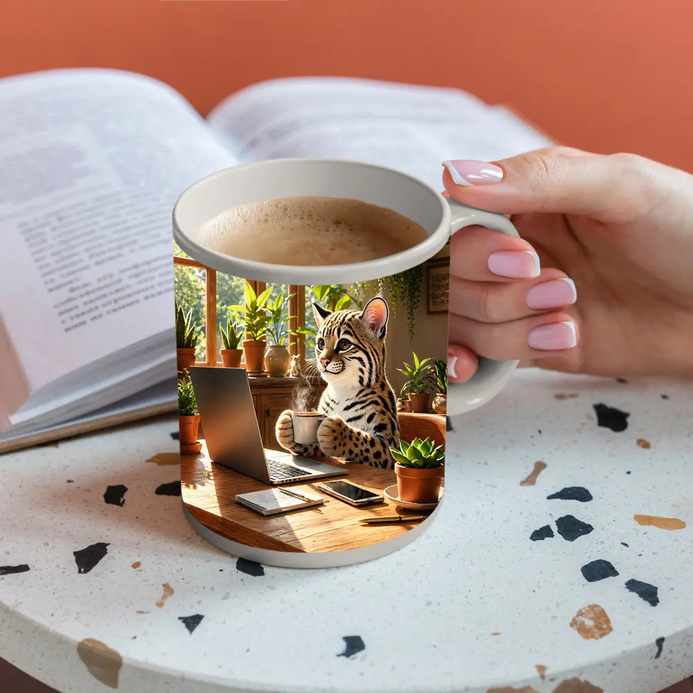 Ocelot Drinking Coffee at Laptop Desk – Mugs