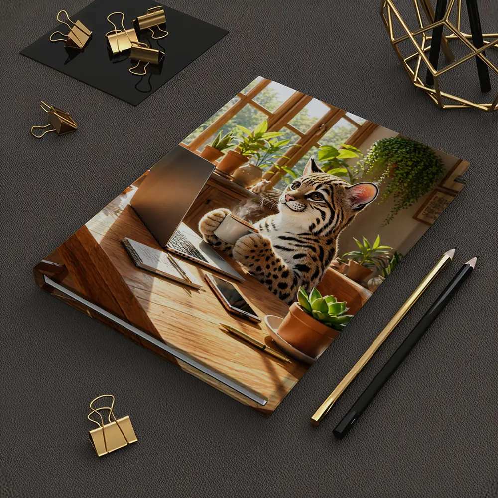 Ocelot Drinking Coffee at Laptop Desk – Notebooks