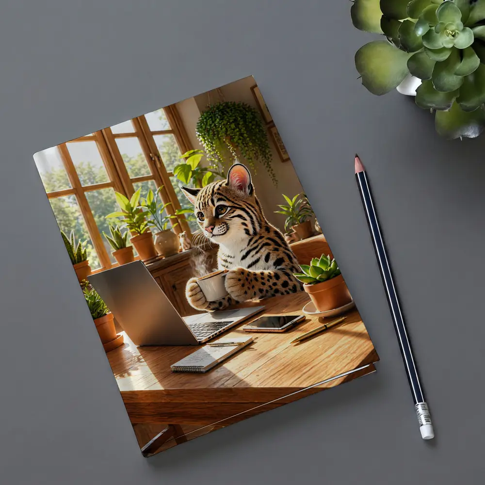 Ocelot Drinking Coffee at Laptop Desk – Notebooks
