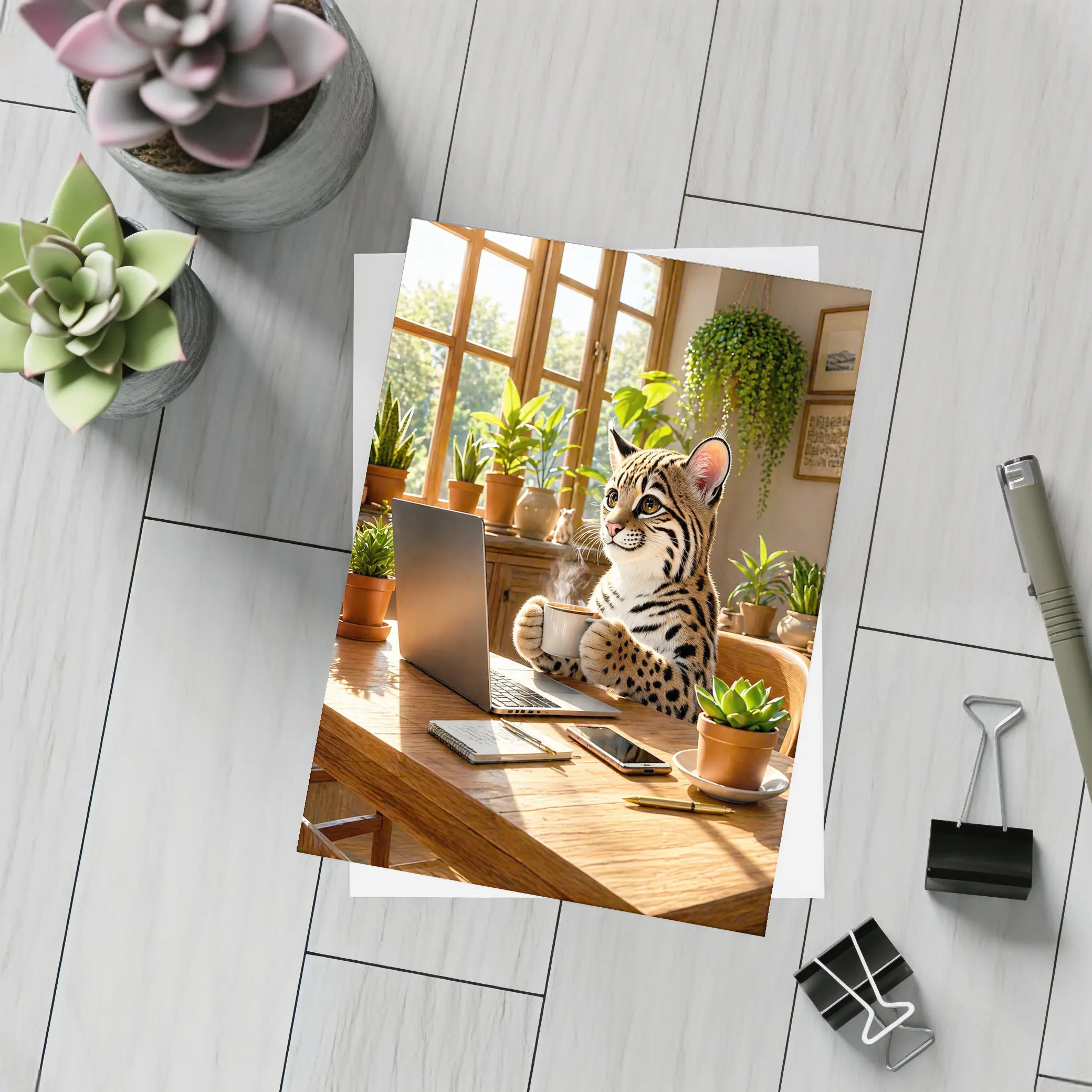 Ocelot Drinking Coffee at Laptop Desk – Postcards