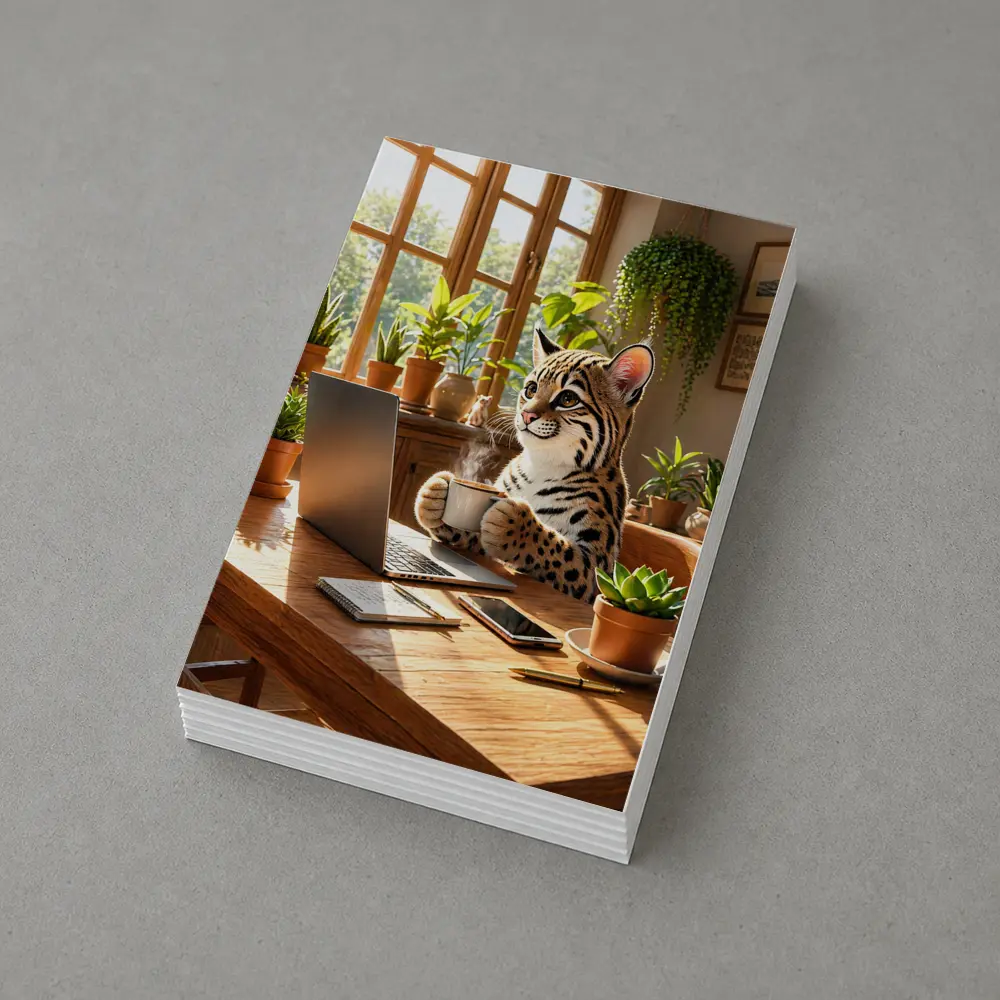 Ocelot Drinking Coffee at Laptop Desk – Postcards