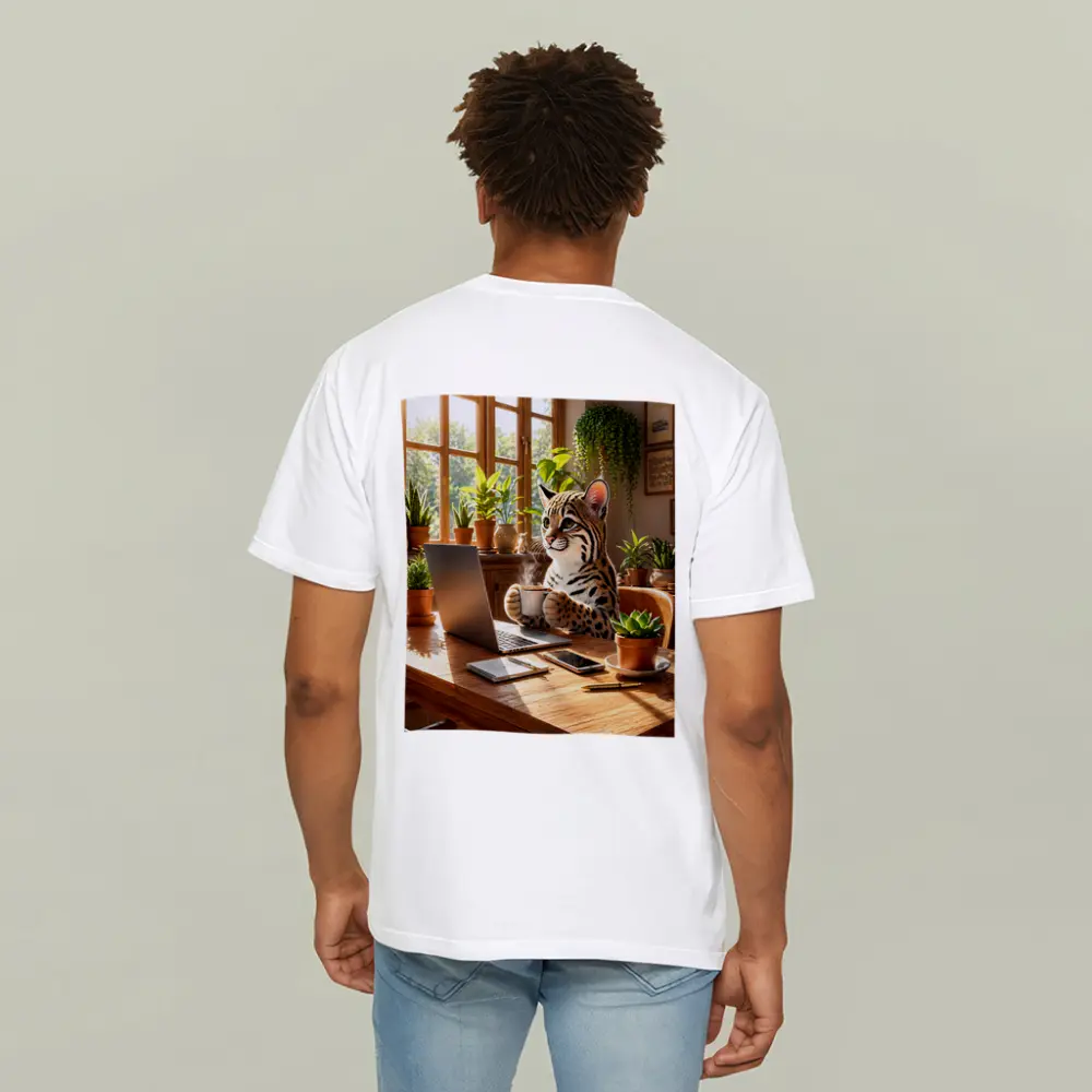 Ocelot Drinking Coffee at Laptop Desk – T-Shirts