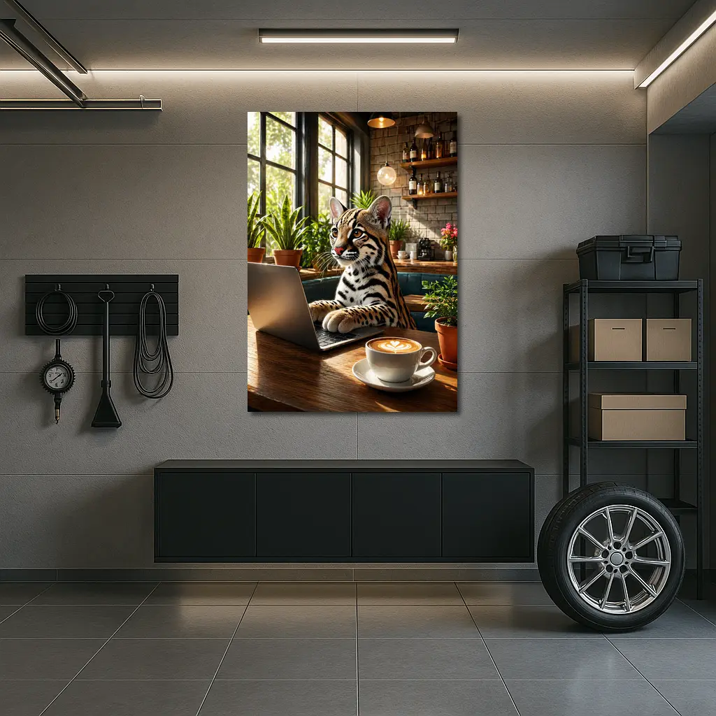 Ocelot Working on Laptop in Cozy Cafe – Wall Art