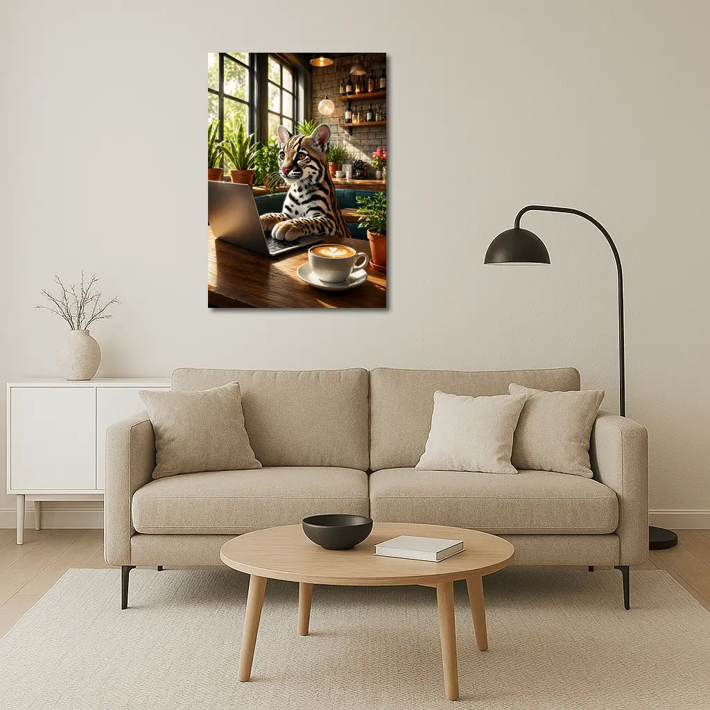 Ocelot Working on Laptop in Cozy Cafe – Wall Art