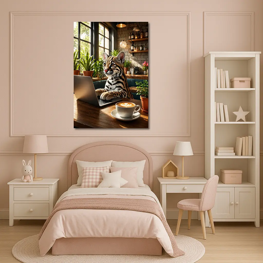 Ocelot Working on Laptop in Cozy Cafe – Wall Art