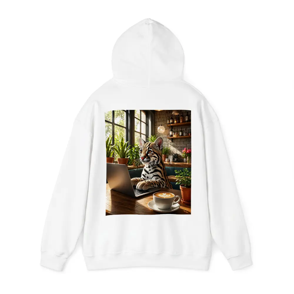Ocelot Working on Laptop in Cozy Cafe – Hoodies