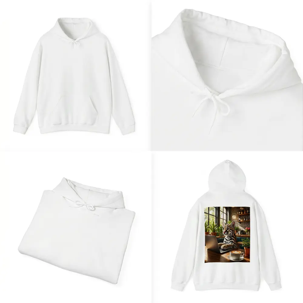 Ocelot Working on Laptop in Cozy Cafe – Hoodies