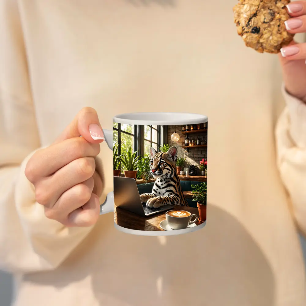 Ocelot Working on Laptop in Cozy Cafe – Mugs