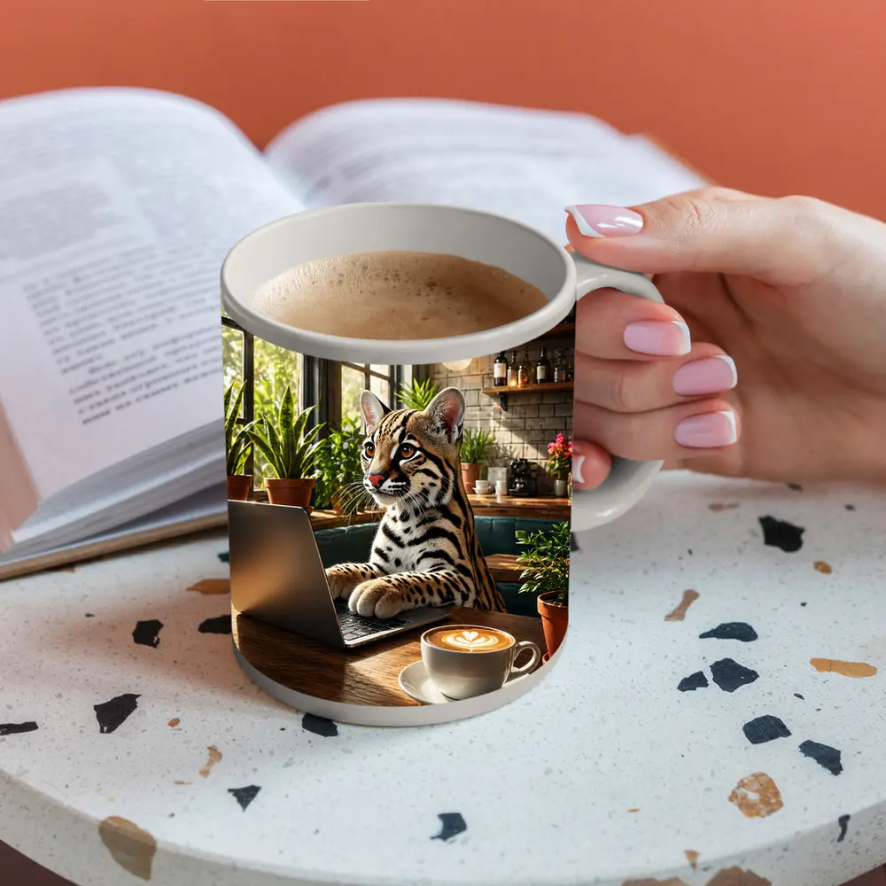 Ocelot Working on Laptop in Cozy Cafe – Mugs