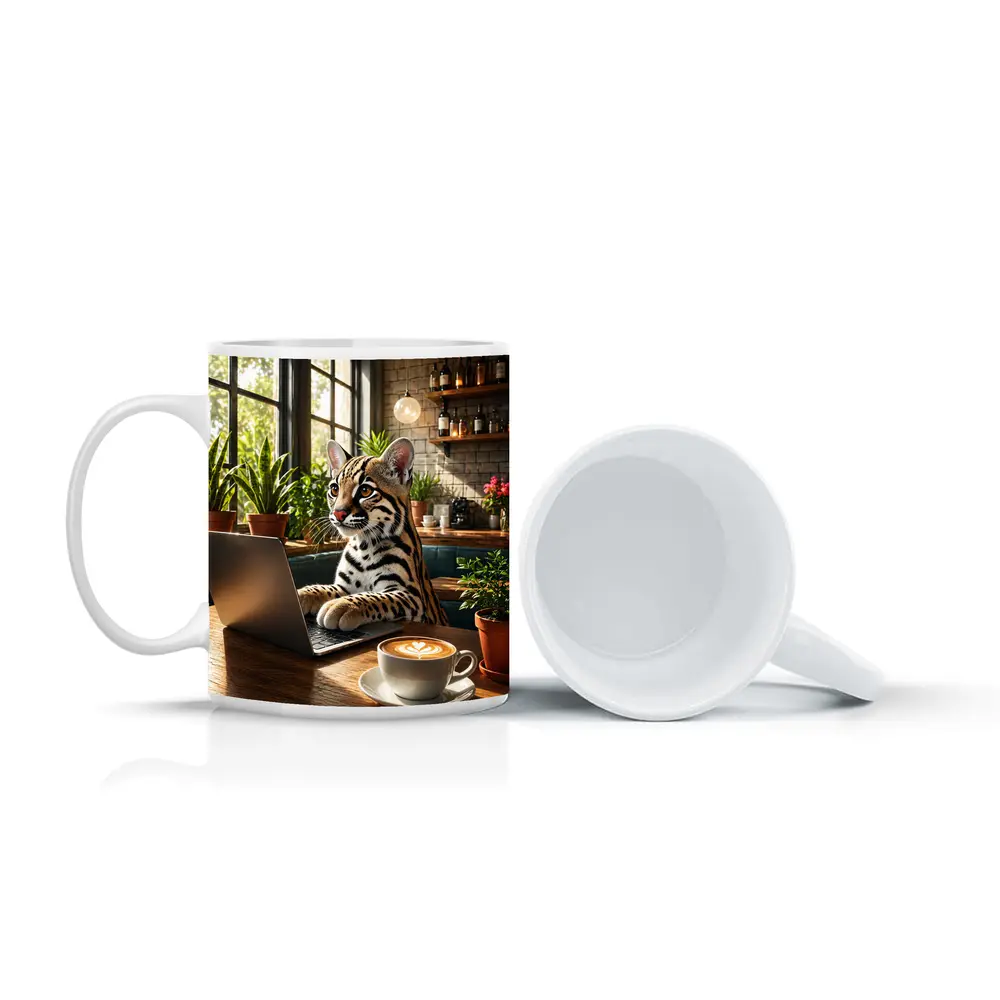 Ocelot Working on Laptop in Cozy Cafe – Mugs
