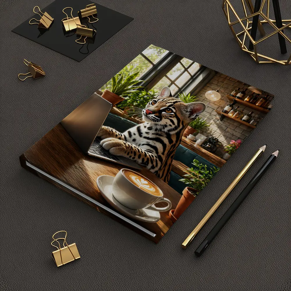 Ocelot Working on Laptop in Cozy Cafe – Notebooks