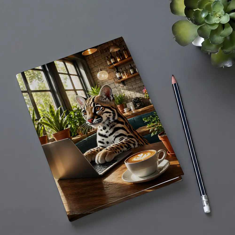 Ocelot Working on Laptop in Cozy Cafe – Notebooks