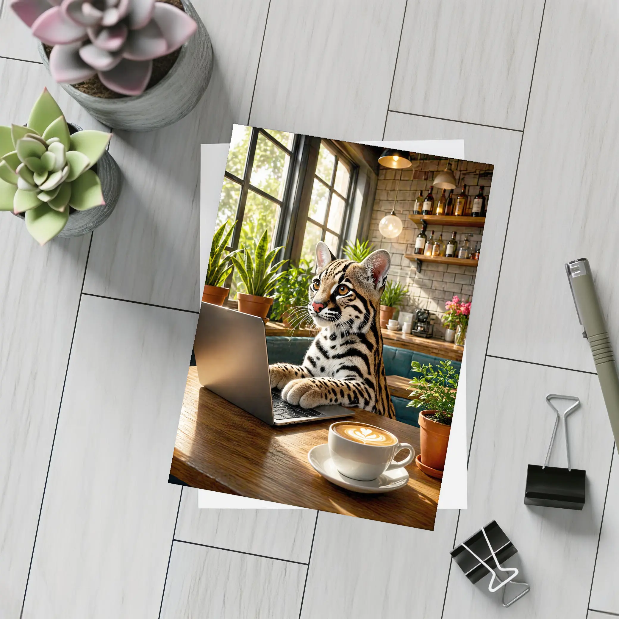 Ocelot Working on Laptop in Cozy Cafe – Postcards