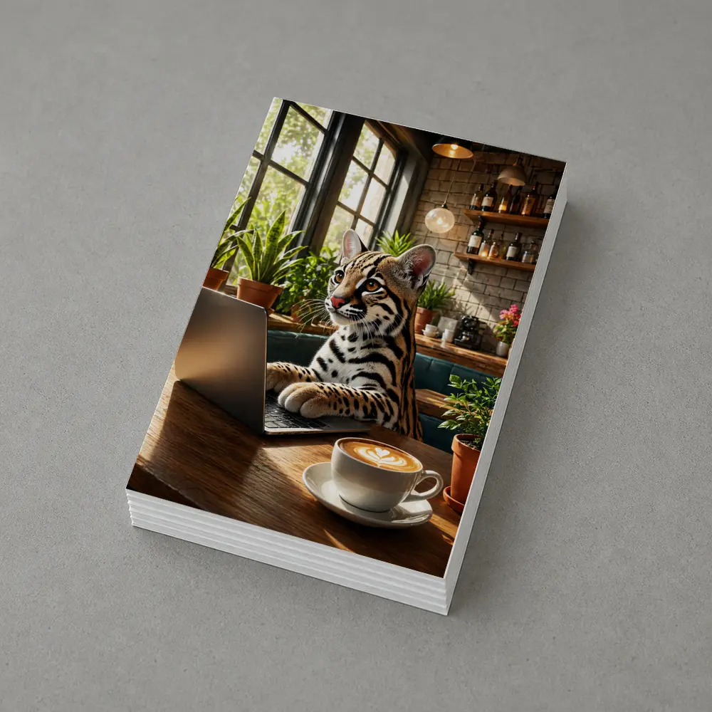 Ocelot Working on Laptop in Cozy Cafe – Postcards