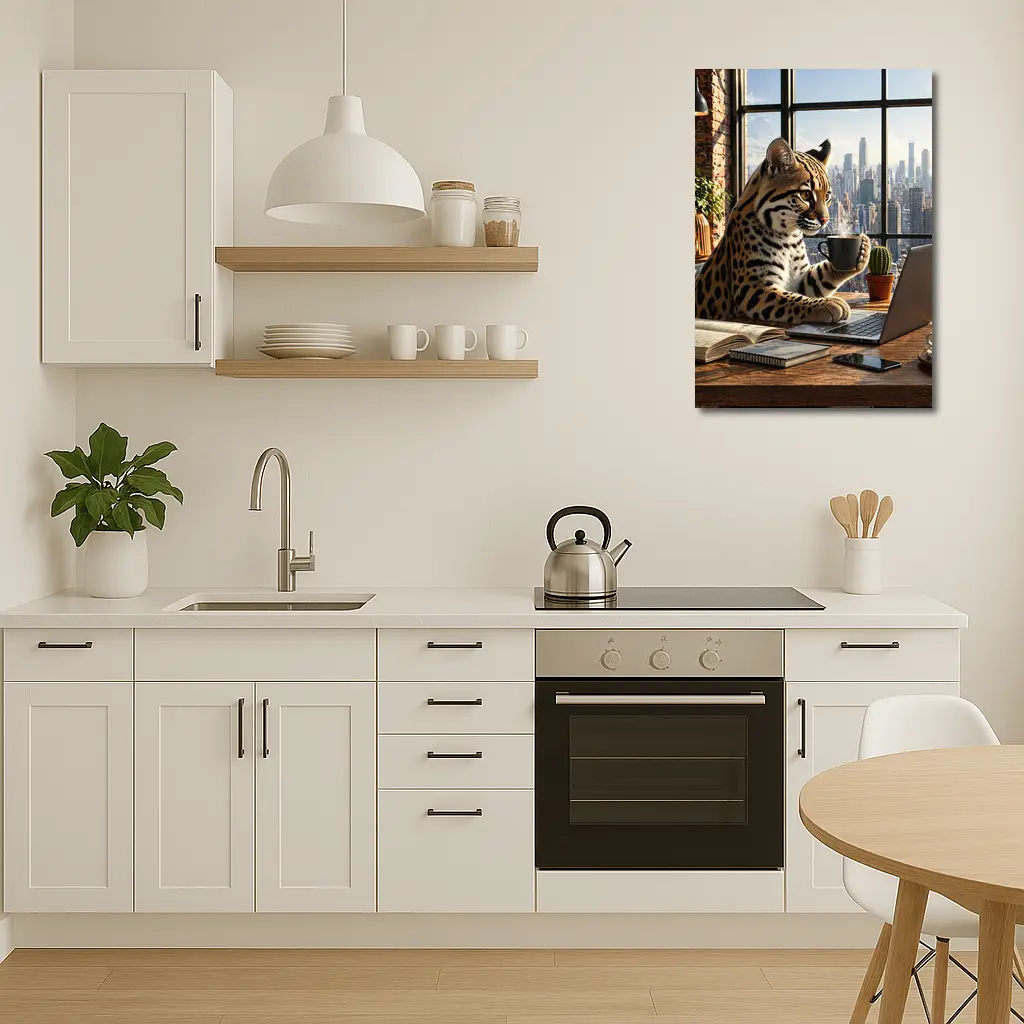 Ocelot Working Laptop Coffee City View – Wall Art