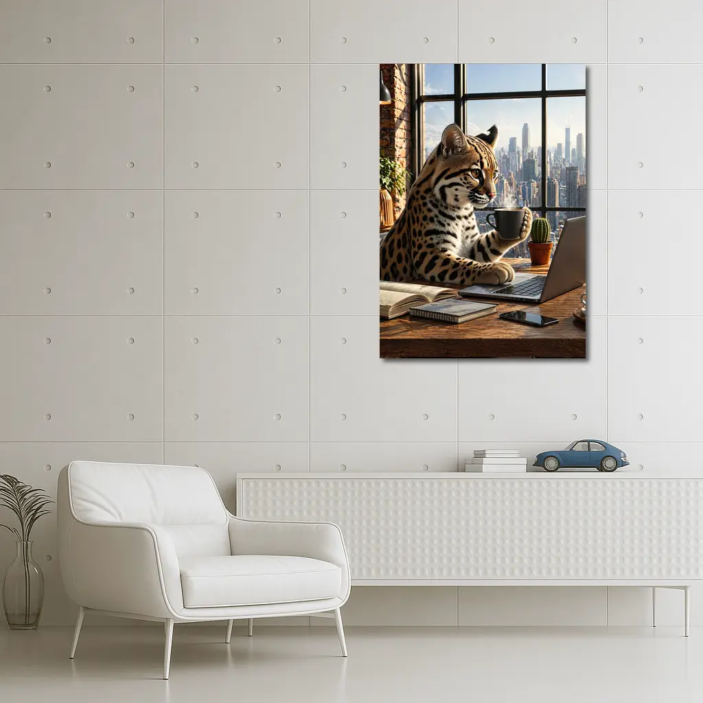 Ocelot Working Laptop Coffee City View – Wall Art