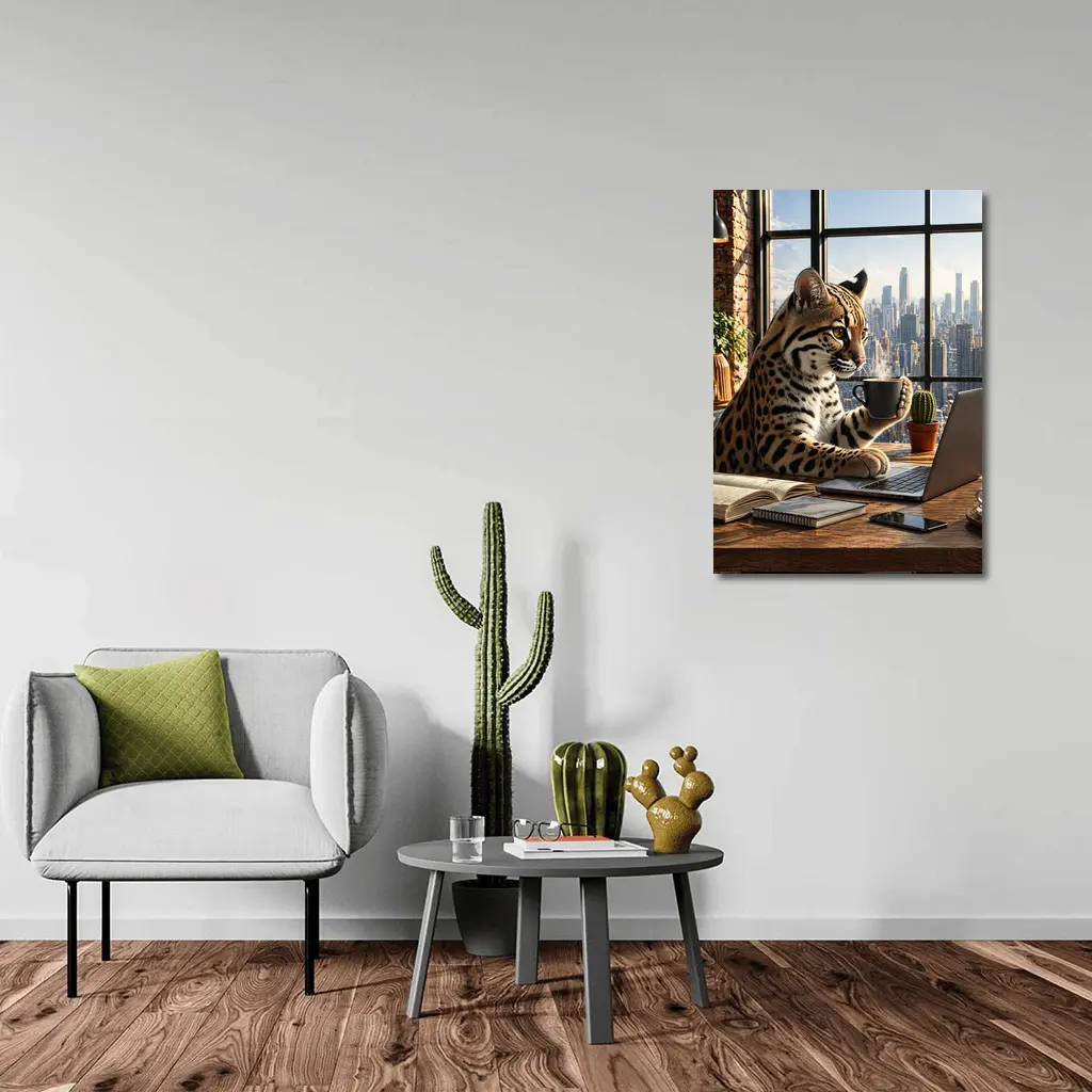 Ocelot Working Laptop Coffee City View – Wall Art