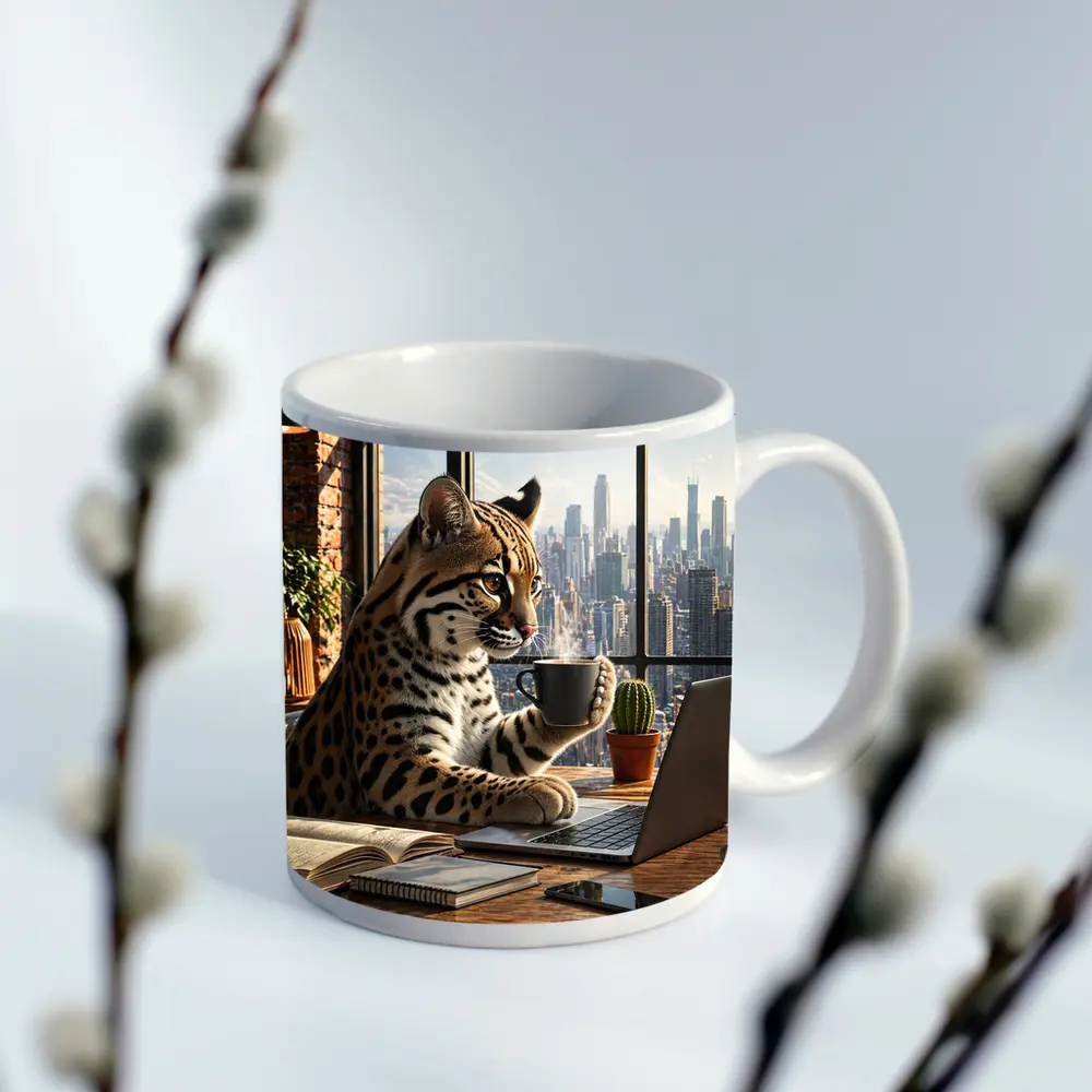 Ocelot Working Laptop Coffee City View – Mugs