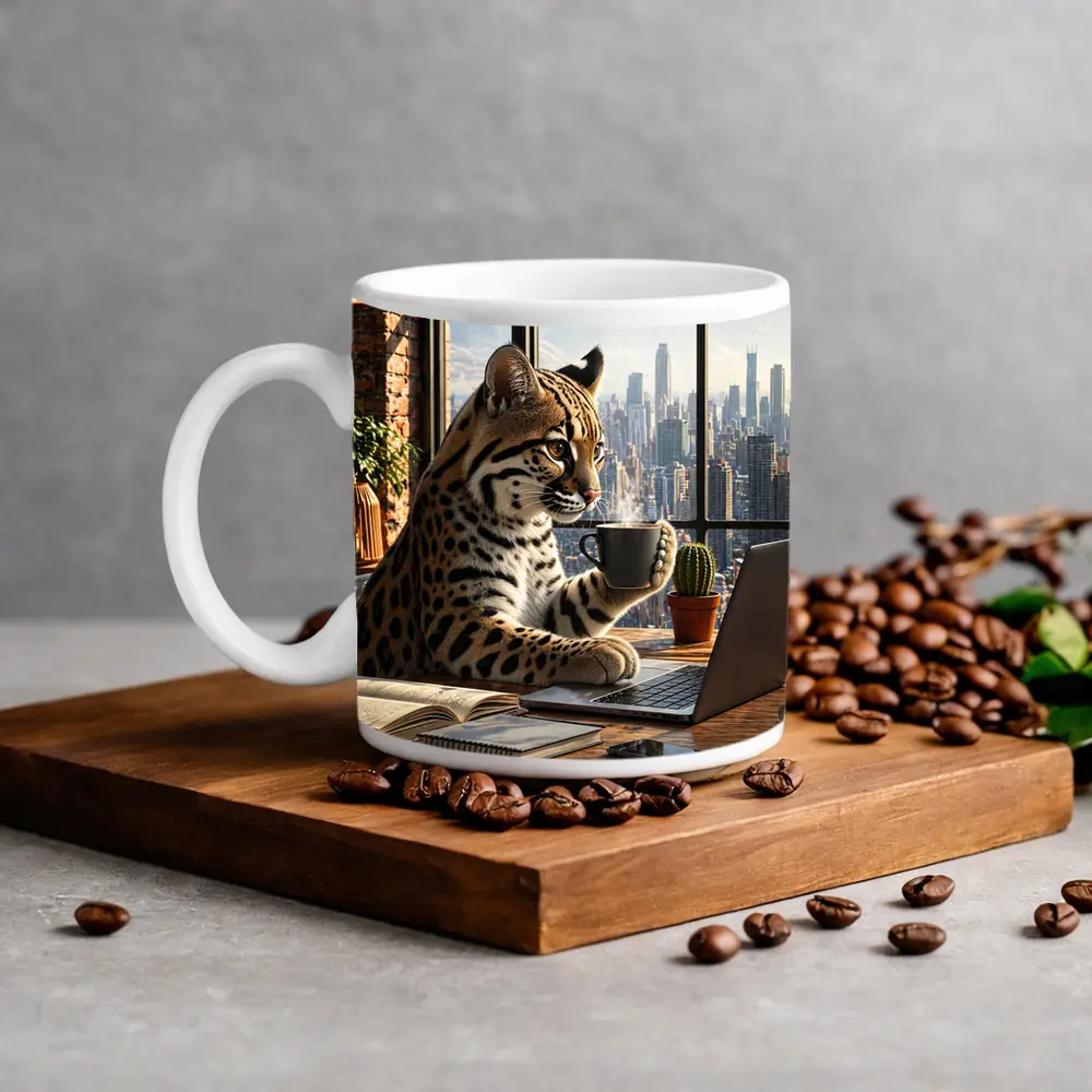 Ocelot Working Laptop Coffee City View – Mugs