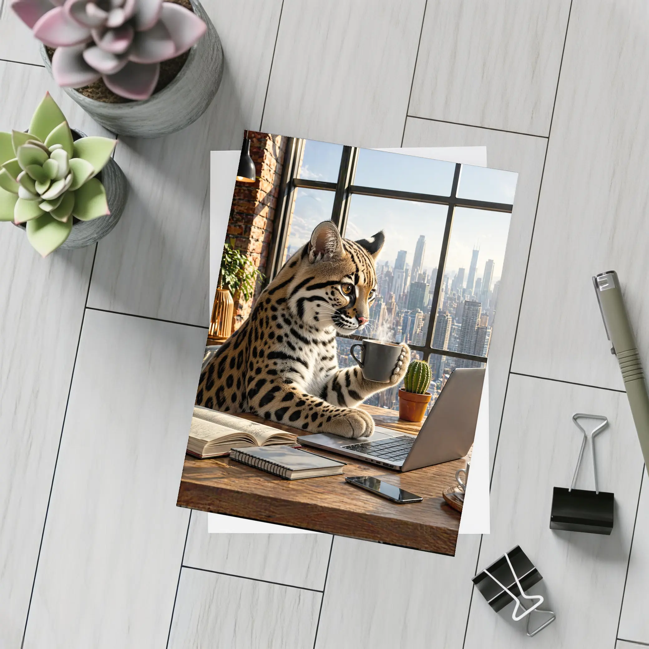 Ocelot Working Laptop Coffee City View – Postcards
