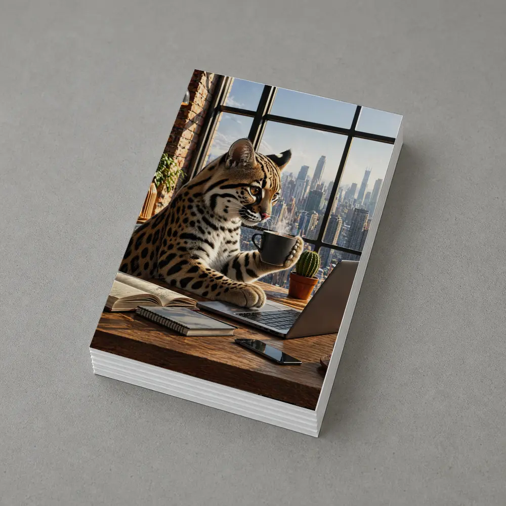 Ocelot Working Laptop Coffee City View – Postcards