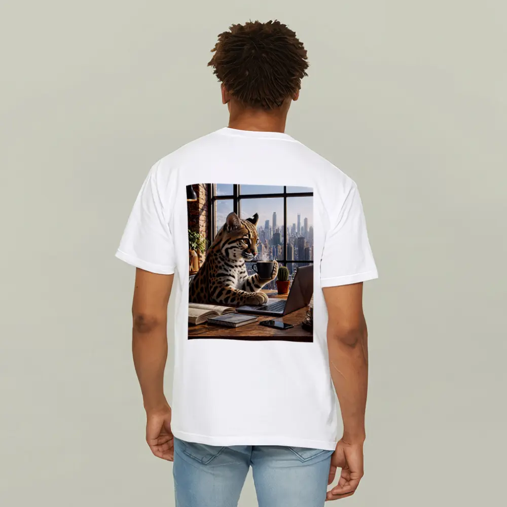 Ocelot Working Laptop Coffee City View – T-Shirts