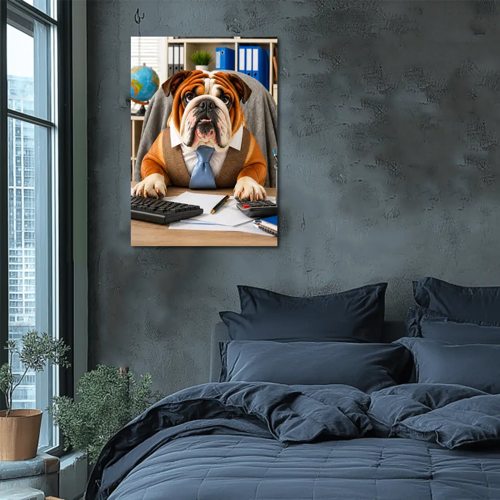 Bulldog Wearing Tie At Office Desk – Wall Art