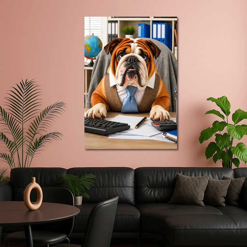 Bulldog Wearing Tie At Office Desk – Wall Art