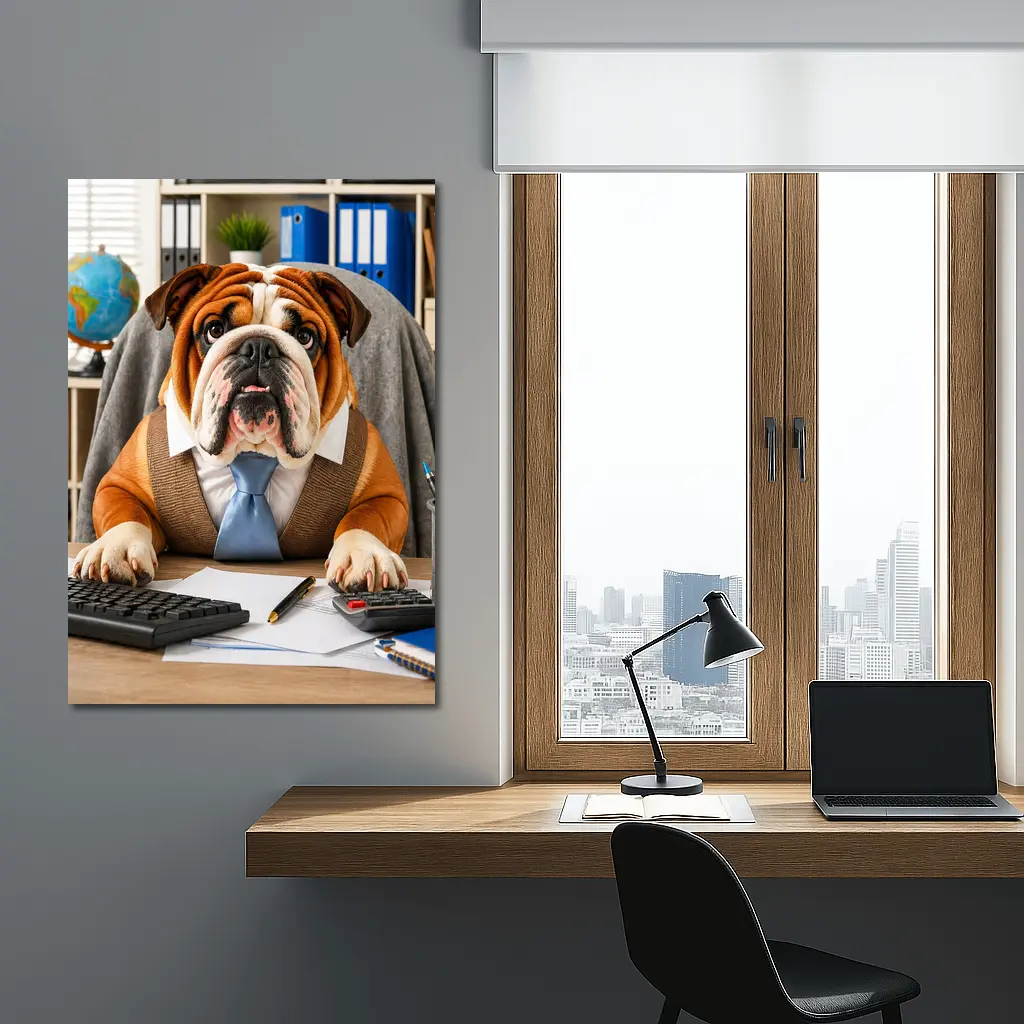 Bulldog Wearing Tie At Office Desk – Wall Art