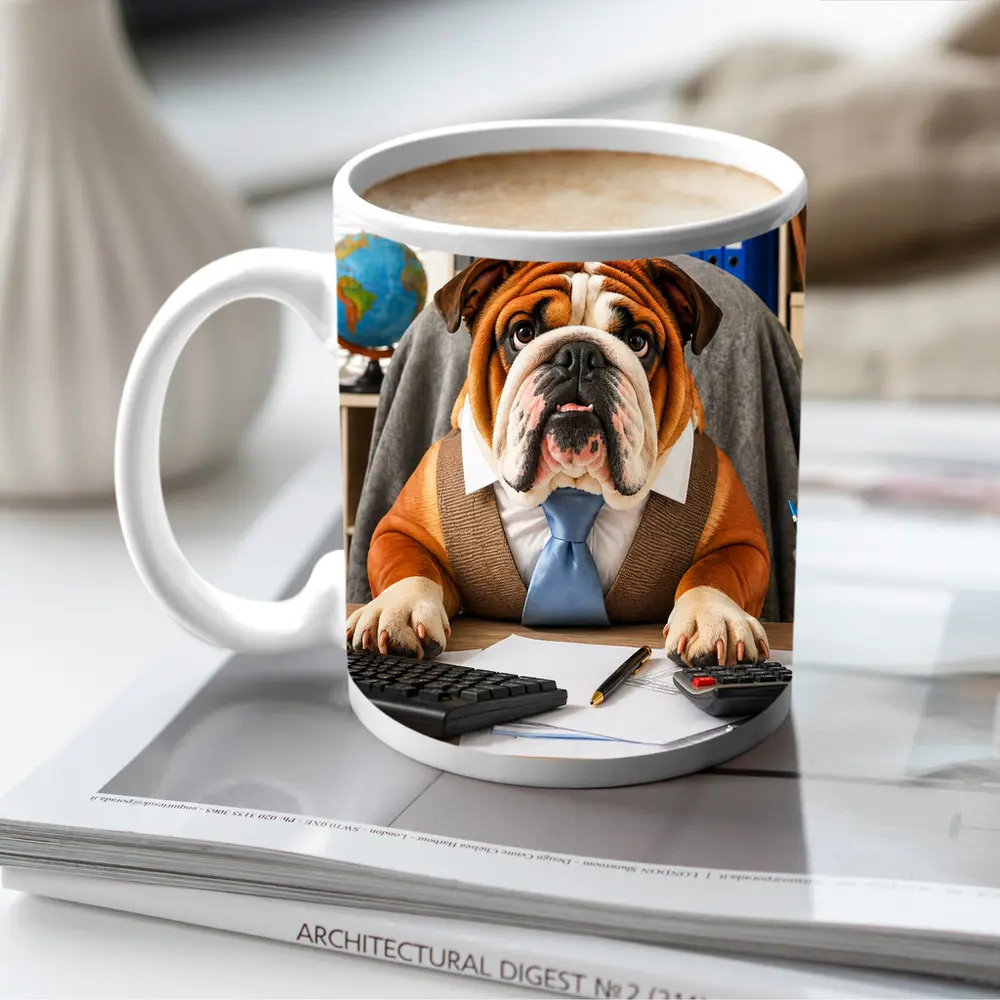 Bulldog Wearing Tie At Office Desk – Mugs