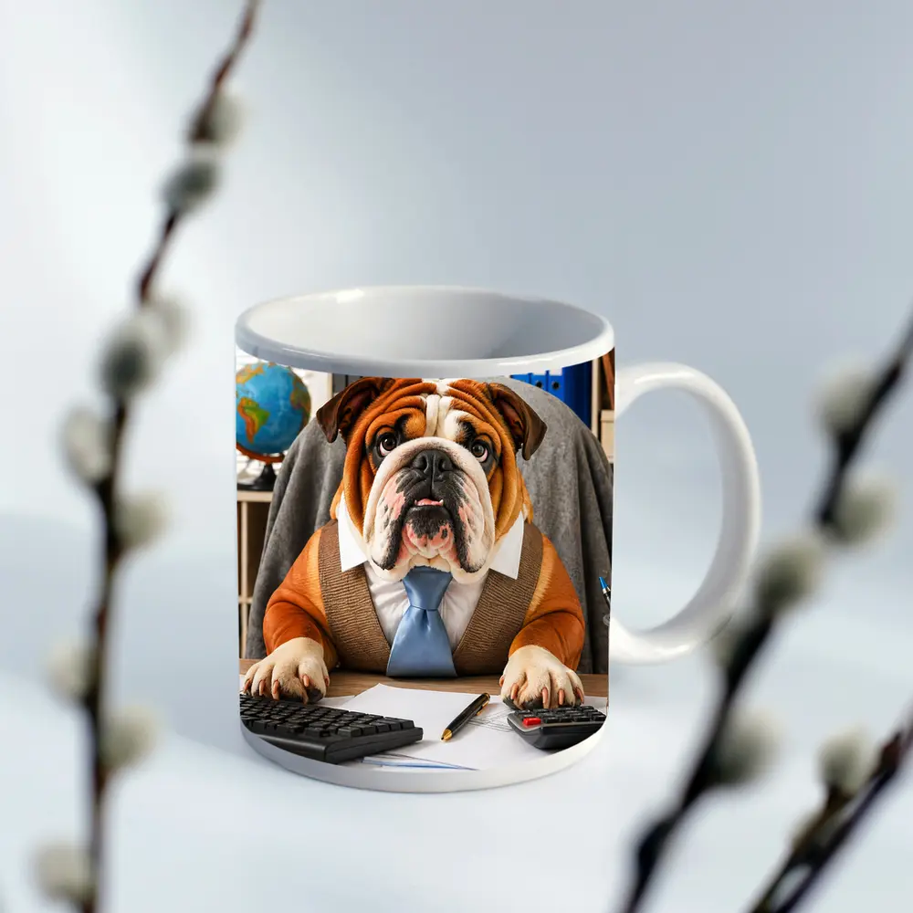 Bulldog Wearing Tie At Office Desk – Mugs