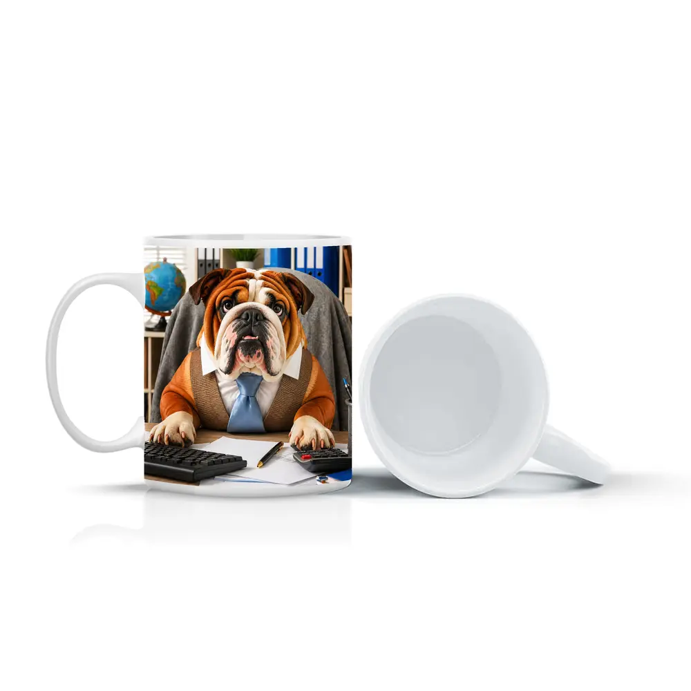 Bulldog Wearing Tie At Office Desk – Mugs