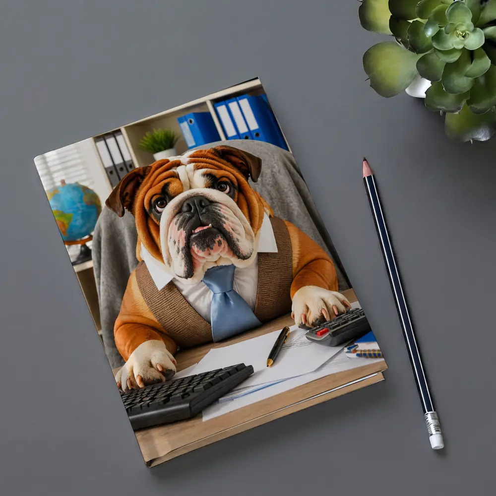 Bulldog Wearing Tie At Office Desk – Notebooks