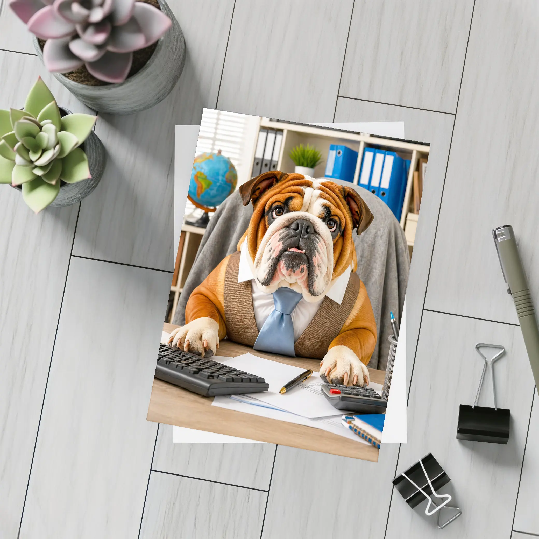 Bulldog Wearing Tie At Office Desk – Postcards