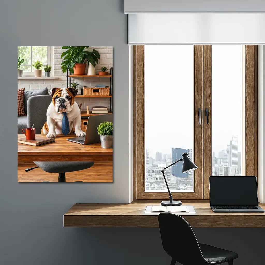 English Bulldog Wearing Tie At Office Desk – Wall Art