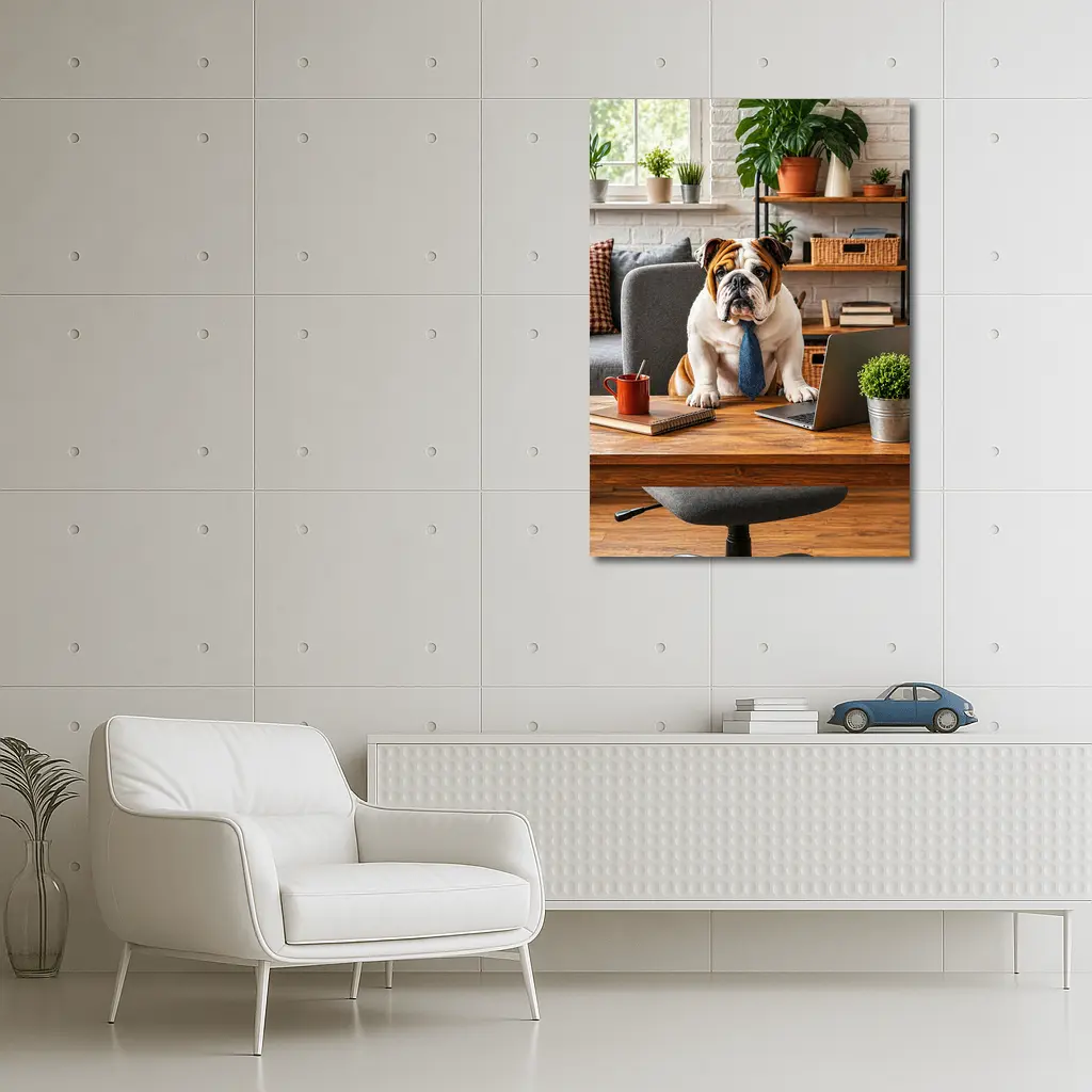 English Bulldog Wearing Tie At Office Desk – Wall Art