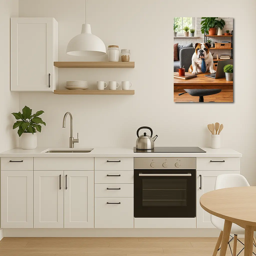 English Bulldog Wearing Tie At Office Desk – Wall Art
