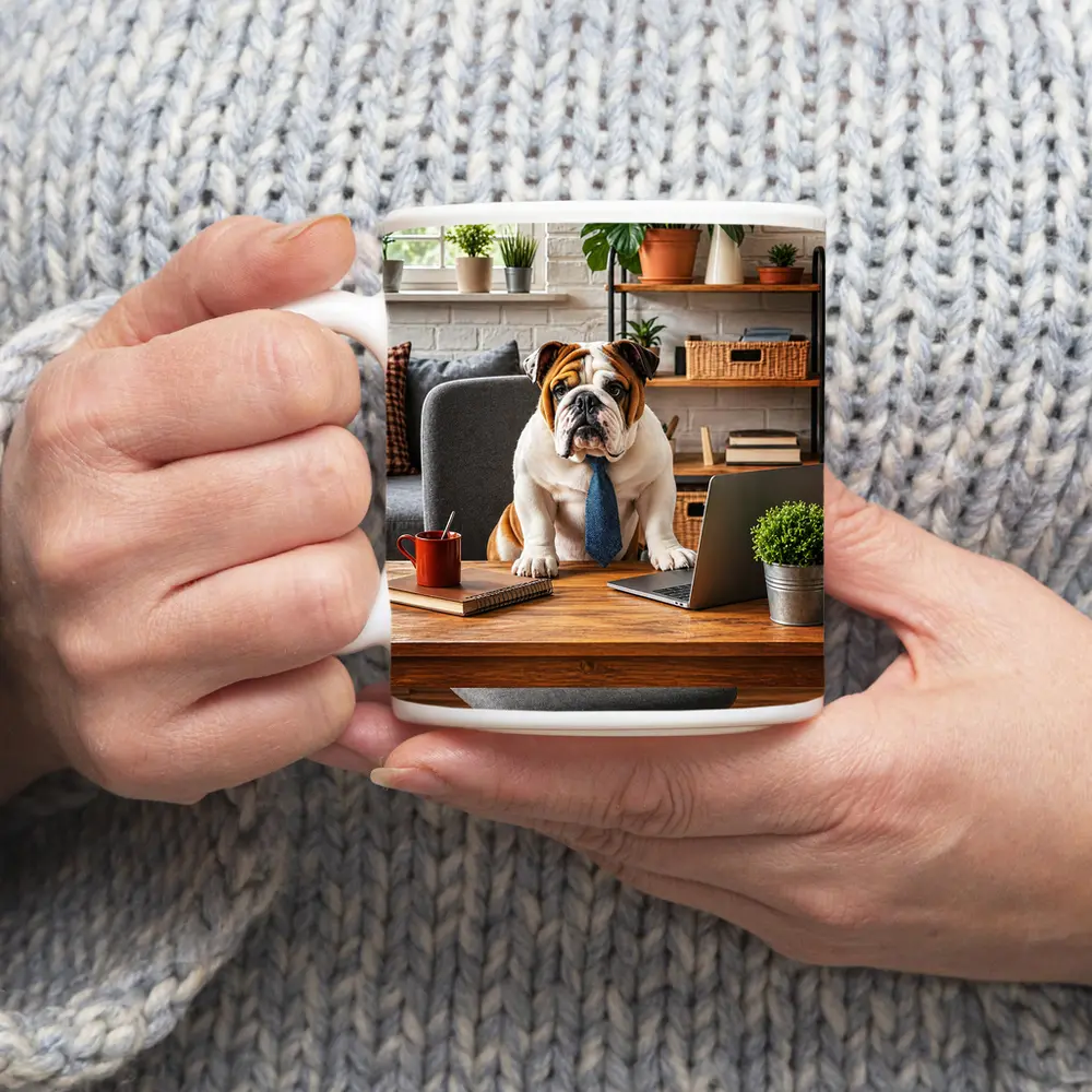 English Bulldog Wearing Tie At Office Desk – Mugs