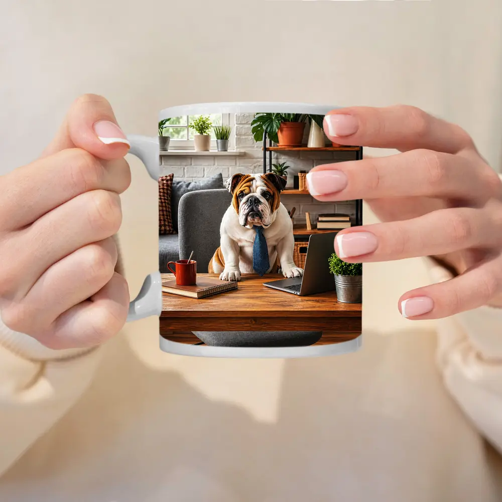 English Bulldog Wearing Tie At Office Desk – Mugs