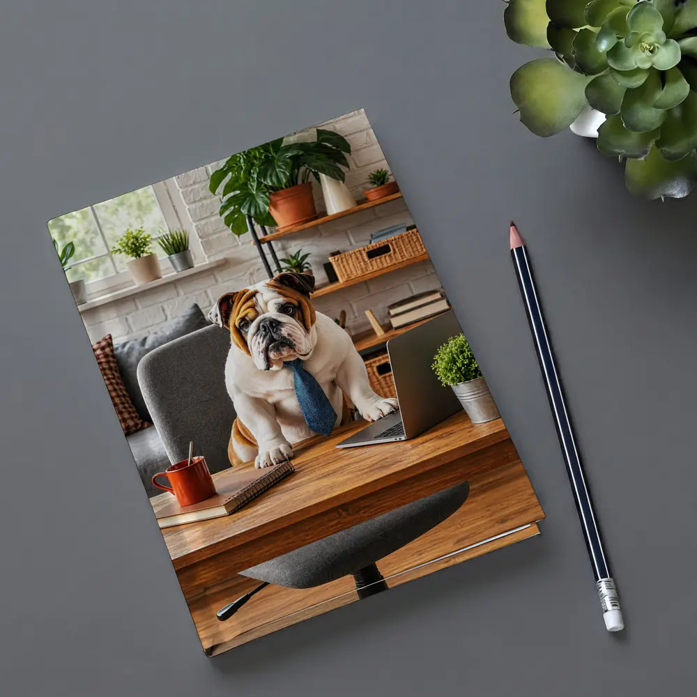 English Bulldog Wearing Tie At Office Desk – Notebooks
