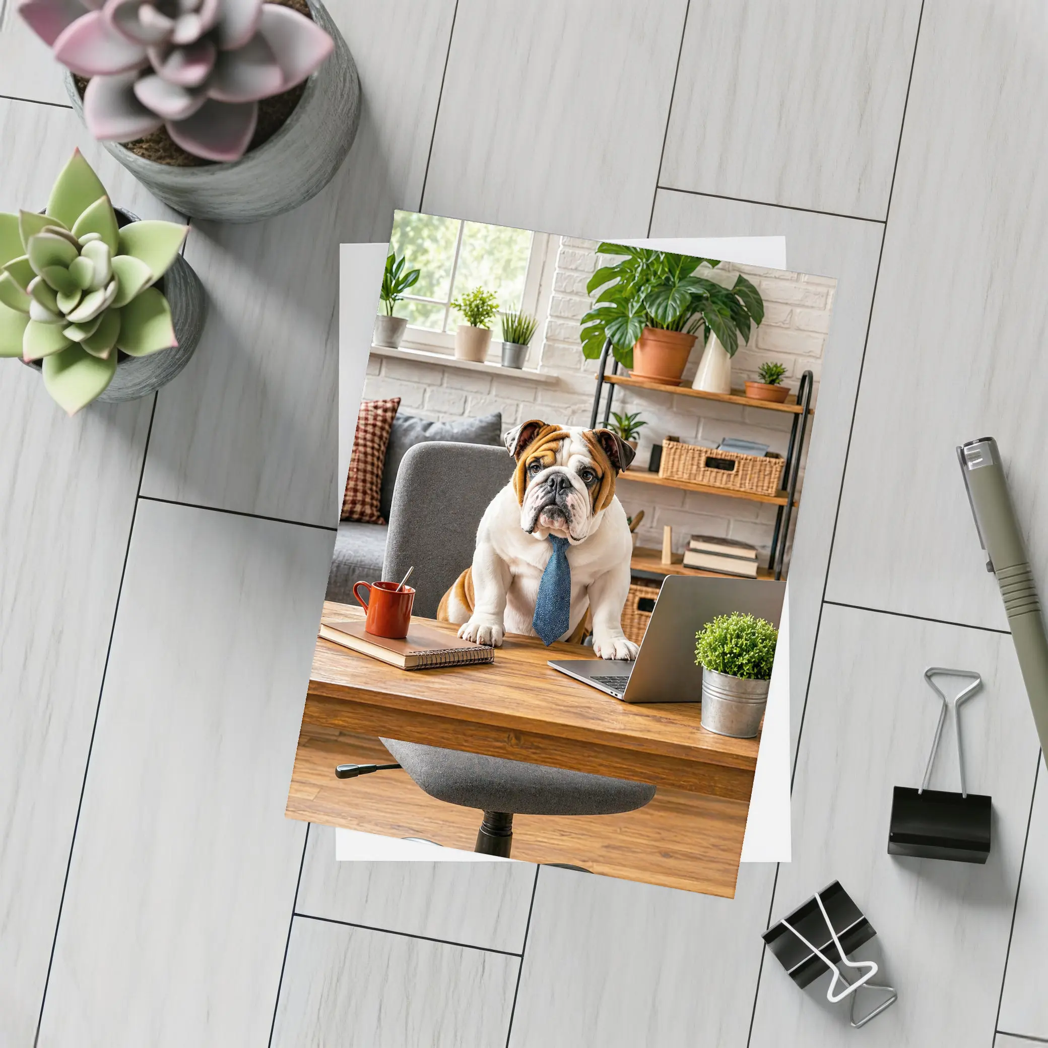 English Bulldog Wearing Tie At Office Desk – Postcards