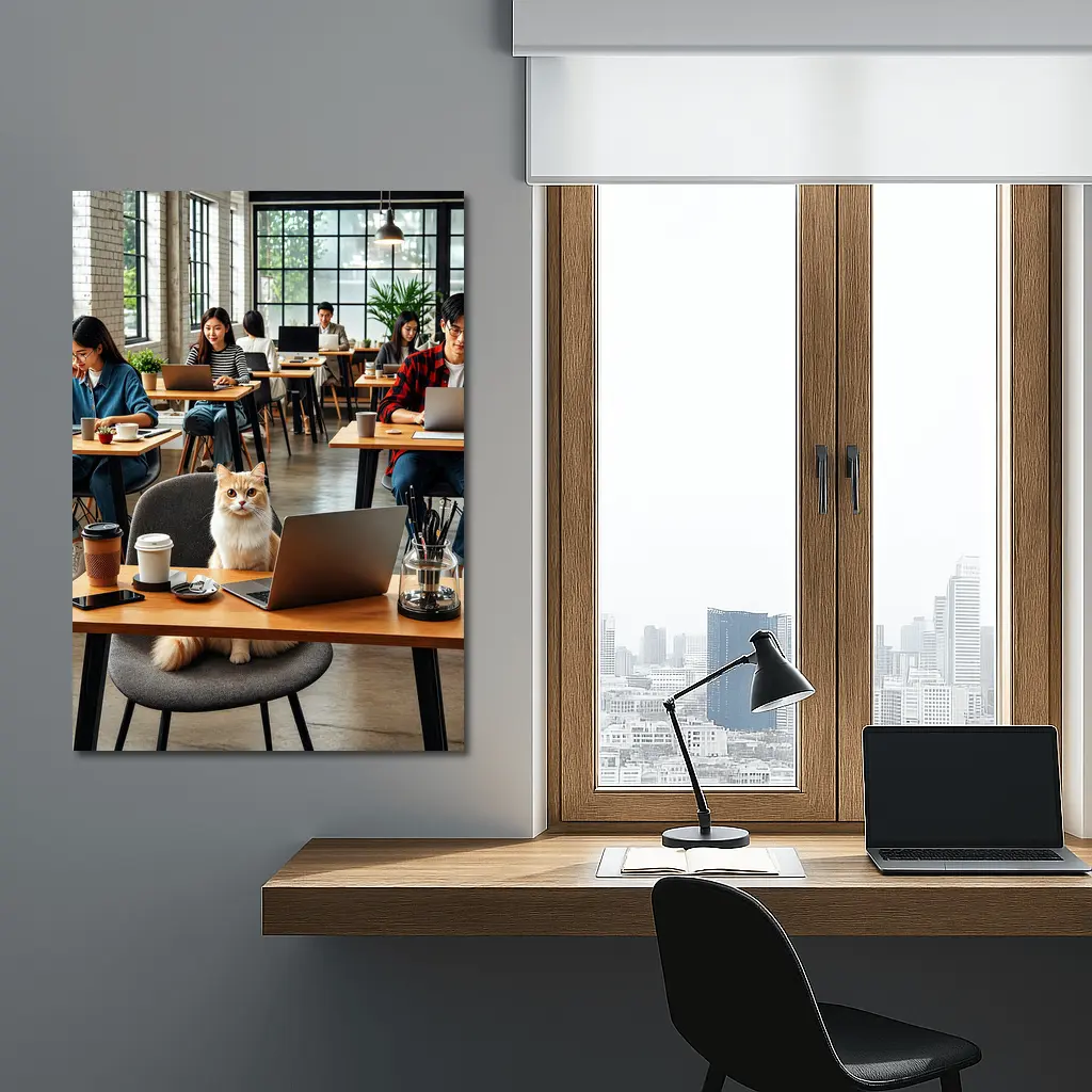 Cat Sitting in Busy Coffee Shop – Wall Art