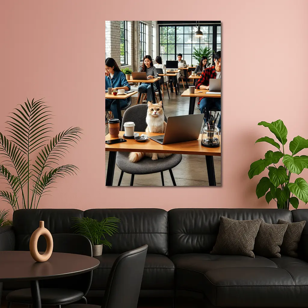 Cat Sitting in Busy Coffee Shop – Wall Art