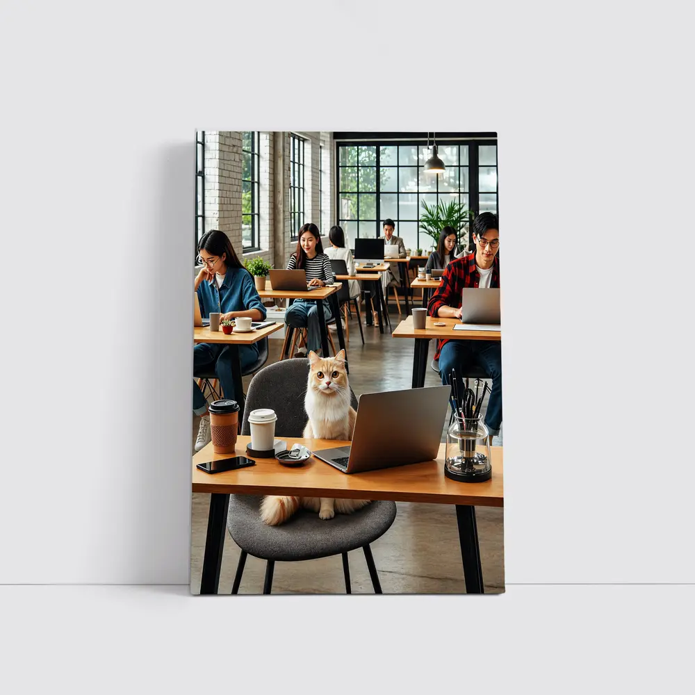 Cat Sitting in Busy Coffee Shop – Wall Art