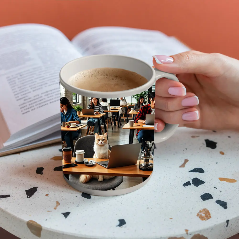 Cat Sitting in Busy Coffee Shop – Mugs