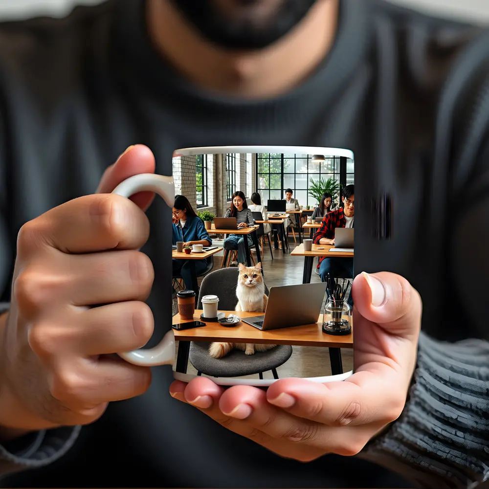 Cat Sitting in Busy Coffee Shop – Mugs