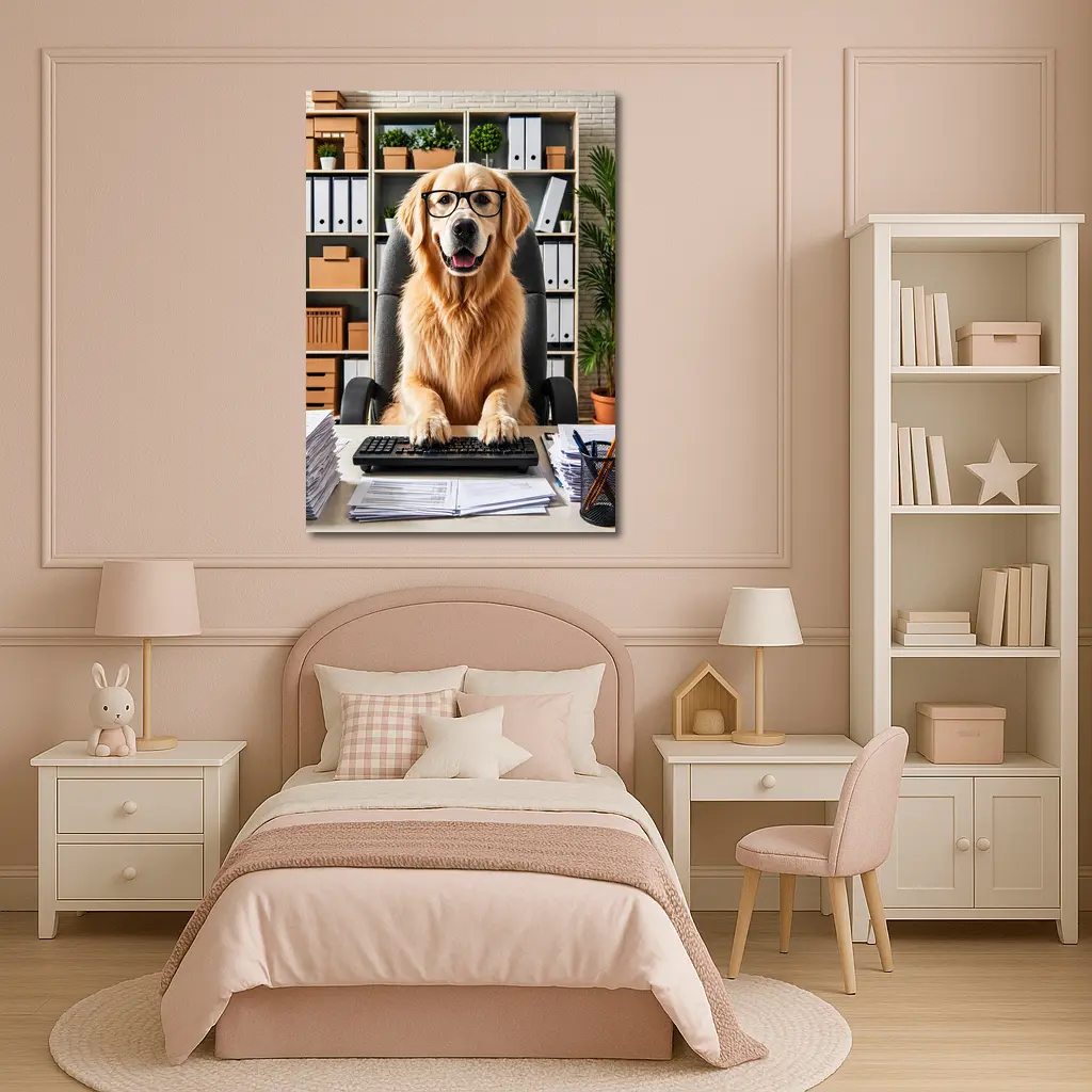 Golden Retriever Office Worker At Computer Desk – Wall Art
