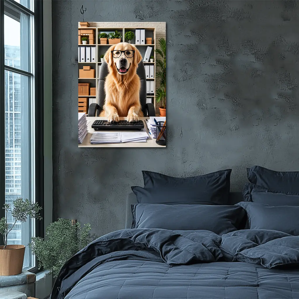 Golden Retriever Office Worker At Computer Desk – Wall Art
