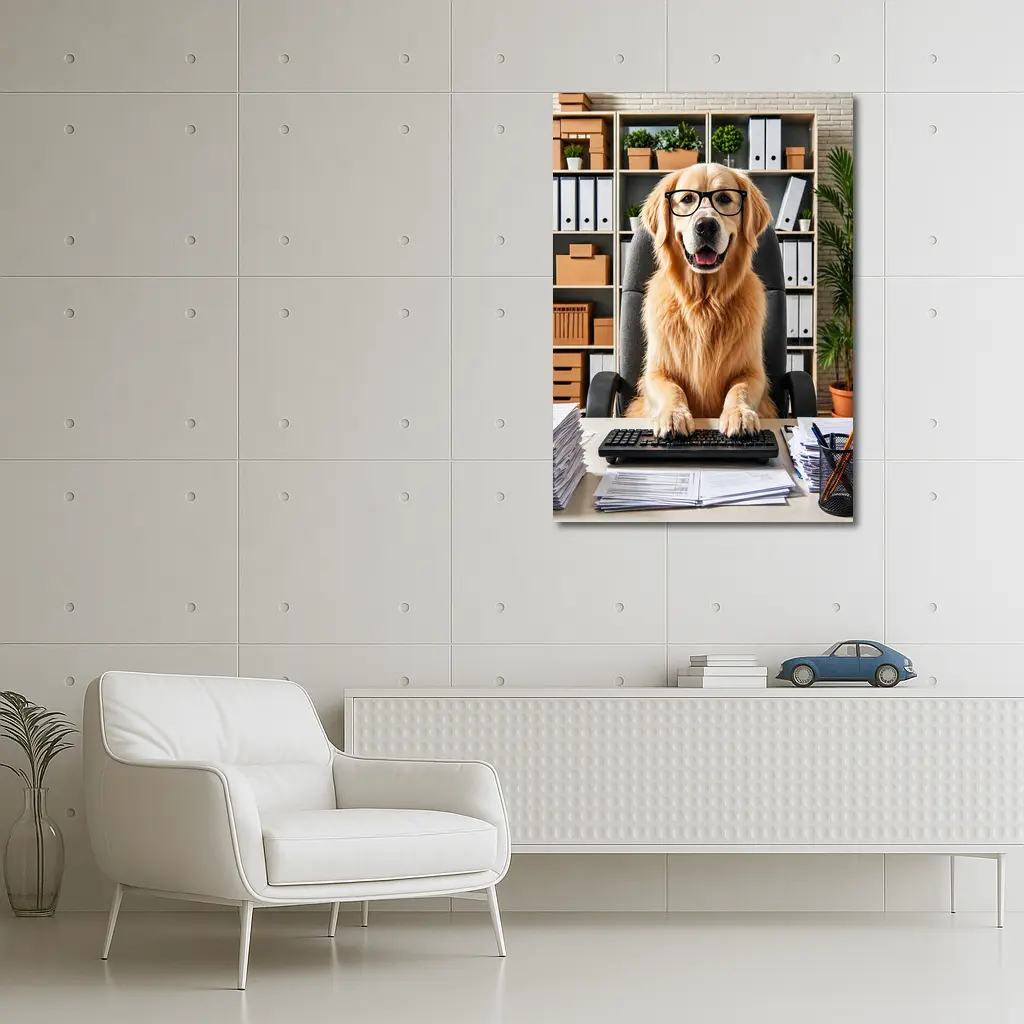 Golden Retriever Office Worker At Computer Desk – Wall Art